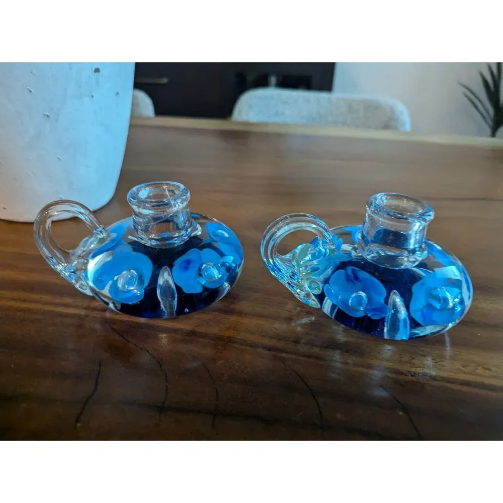 Vintage Set of 2  Joe St. Clair Glass Candle Holders cobalt blue Flowers